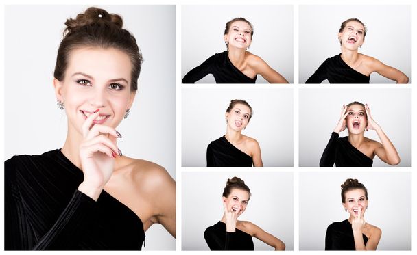 close-up fashion photo young lady in elegant black dress, playful woman expresses different emotions - Φωτογραφία, εικόνα