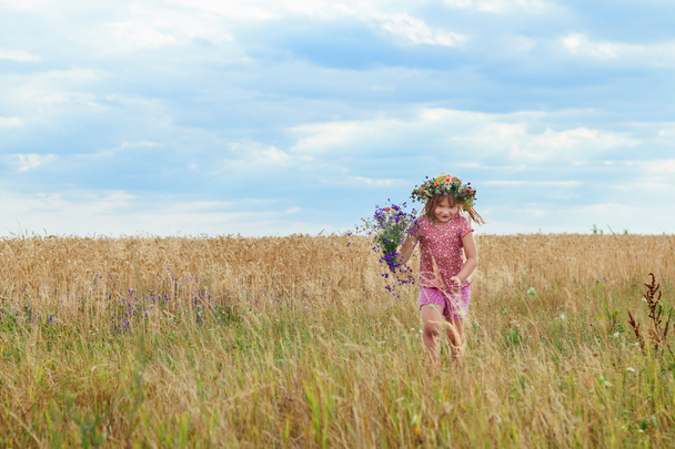 beautiful little girl with a wreath in the wheat field - Photo, Image