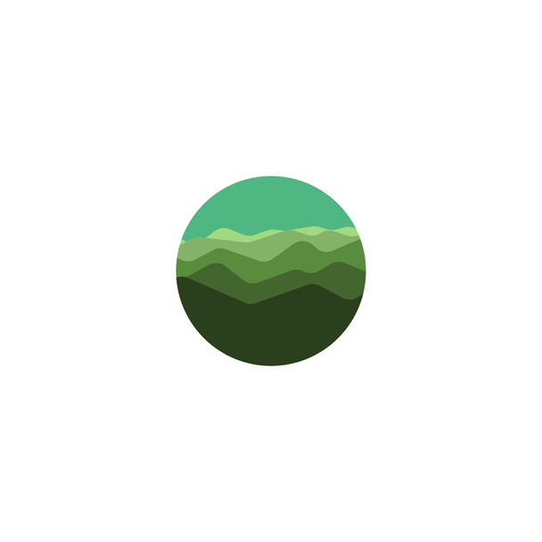Απομονωμένο στρογγυλό σχήμα πράσινο χρώμα άγρια φύση Πανόραμα λογότυπο. Ο τύπος με τα βουνά. Εικονίδιο κυμάτων νερού. Εικόνα φυσικού περιβάλλοντος. Απεικόνιση διανυσματικών φορέων. - Διάνυσμα, εικόνα