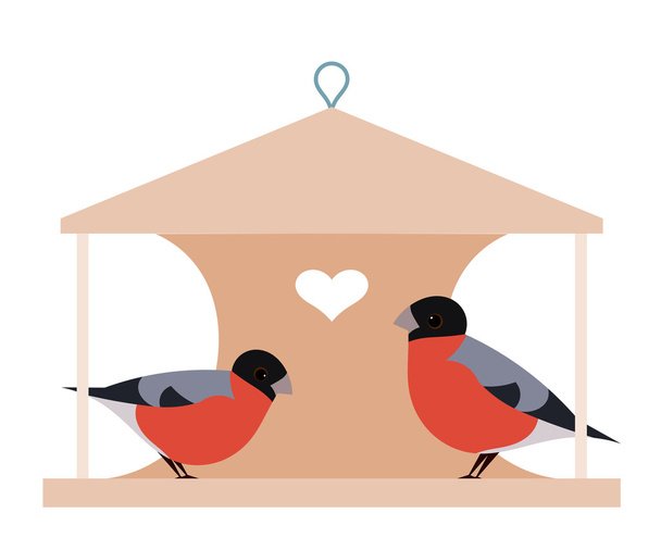 Two bullfinch on manger. Two birds on a wooden manger with heart - Vector, Image