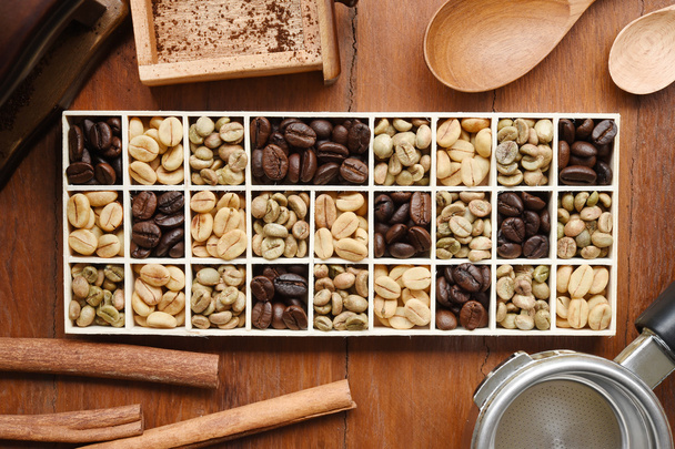 different coffee forms in wooden box with wooden spoon and cinnamon  - Photo, image