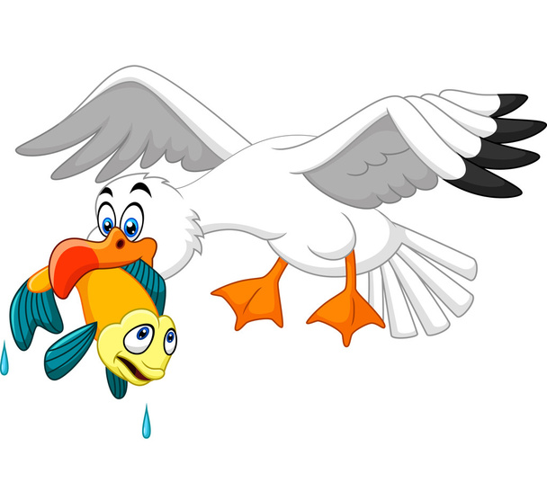 Cartoon seagull eating fish - Vector, Image