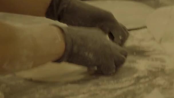 Mãos femininas em luvas massa de farinha de rolamento com um rolo de rolo. SLOG3, close-up
. - Filmagem, Vídeo