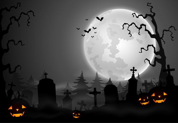 Spooky Halloween graveyard with full moon - Vector, Image