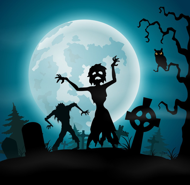 Cadılar Bayramı partisi zombiler arka planda mezarlığı - Vektör, Görsel