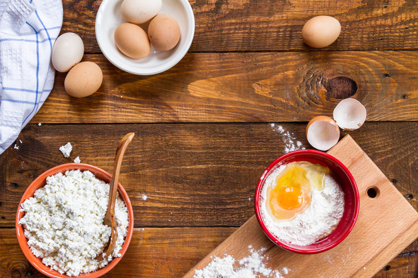 Cottage cheese, eggs, salt and flour. - Photo, image