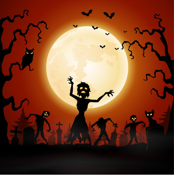 Halloween-Hintergrund mit Zombie zu Fuß in Friedhof - Vektor, Bild