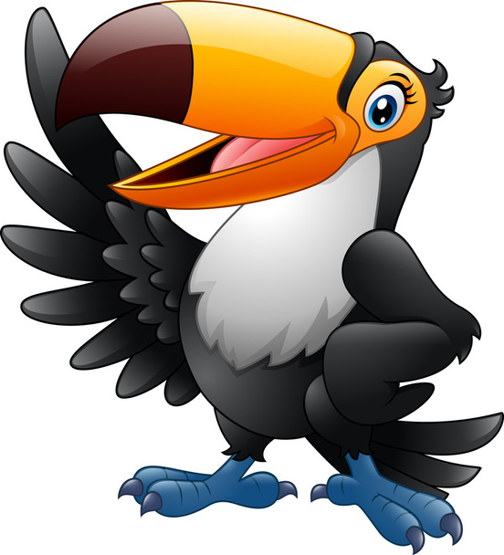 Cartoon funny toucan waving wing isolated on white background - Vektör, Görsel
