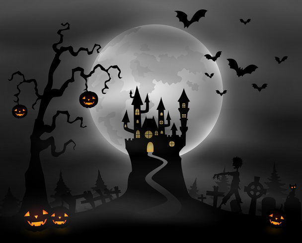 Halloween fond de nuit avec zombie marche, citrouilles, château et pleine lune
 - Vecteur, image