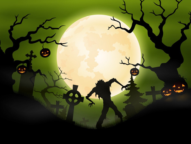 Halloween background with zombie in graveyard - Vector, Image