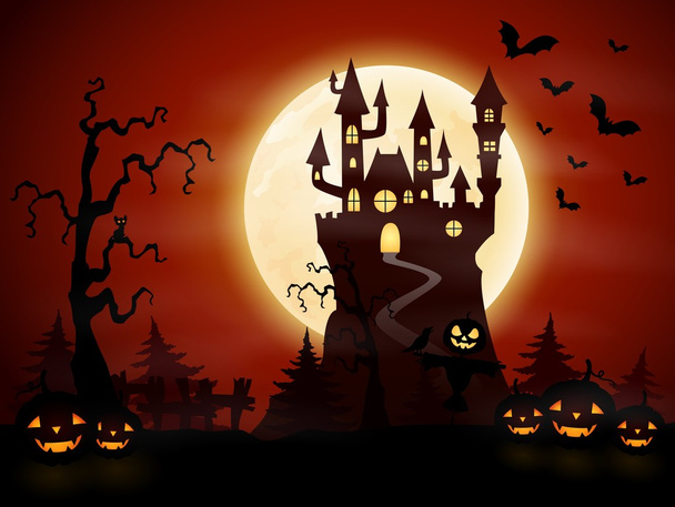 Halloween nacht achtergrond met kasteel en pompoenen - Vector, afbeelding