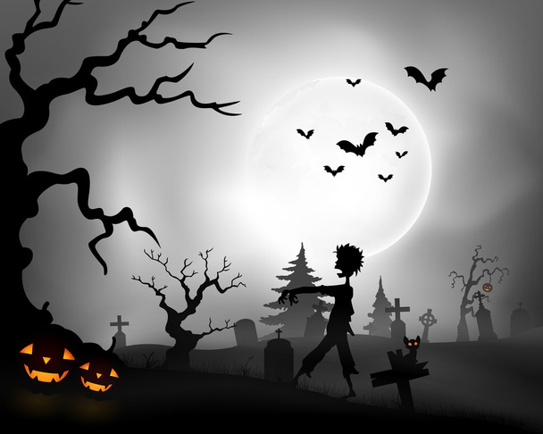 Zombi yürüme, kabak ve dolunay Halloween gece arka plan - Vektör, Görsel