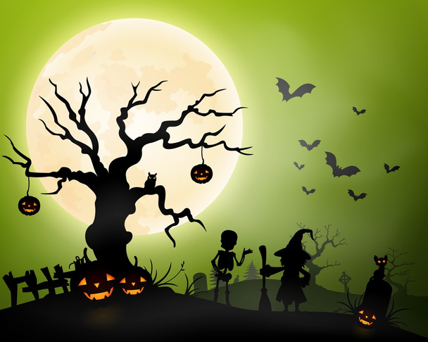Halloween achtergrond met zombie, pompoenen opknoping op boom en vleermuizen - Vector, afbeelding
