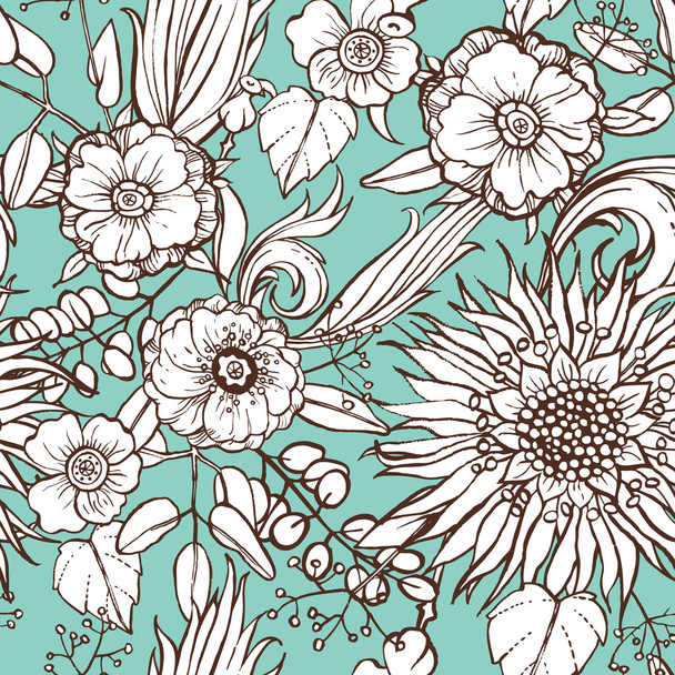 nahtloses Muster mit Mohn und Sonnenblumen - Vektor, Bild