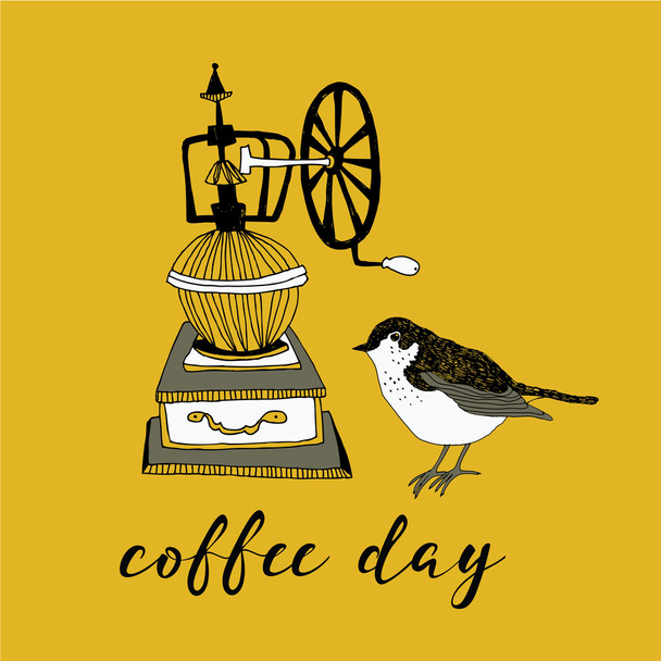coffee grinder and bird  - Vector, Image