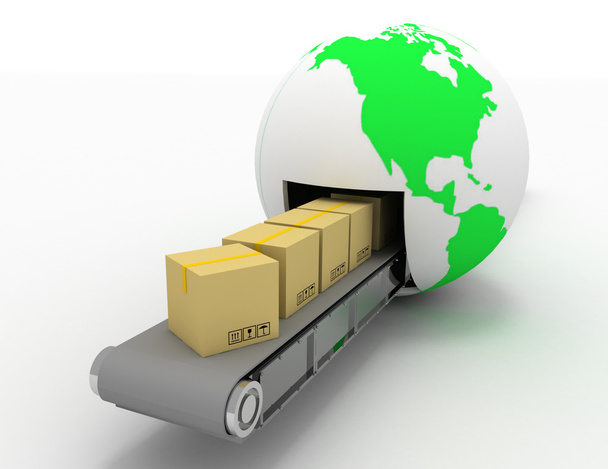 Międzynarodowym dostarczaniu przesyłek i paczek wysyłka koncepcja. 3D  - Zdjęcie, obraz