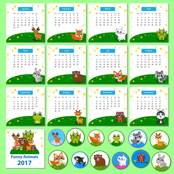 Календар 2017 з смішний мультфільм тварин - Вектор, зображення