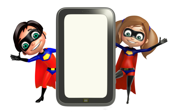 Супермальчик и супердевочка с мобильным телефоном
 - Фото, изображение