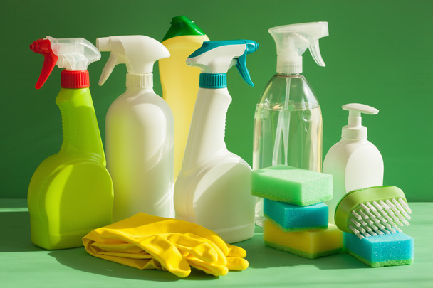 cleaning items household spray brush sponge glove - Fotografie, Obrázek