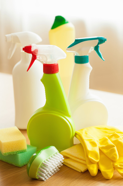 cleaning items household spray brush sponge glove - Φωτογραφία, εικόνα