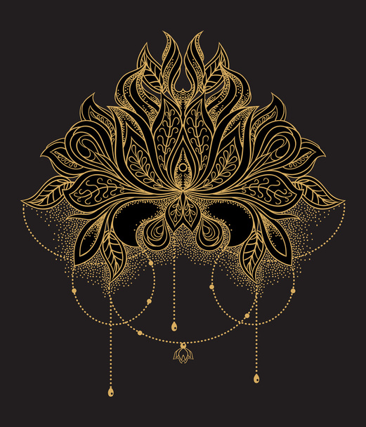 Beautiful hand drawn ornamental gold lotus flower. Ethnic patterned mandala - Vector, Image
