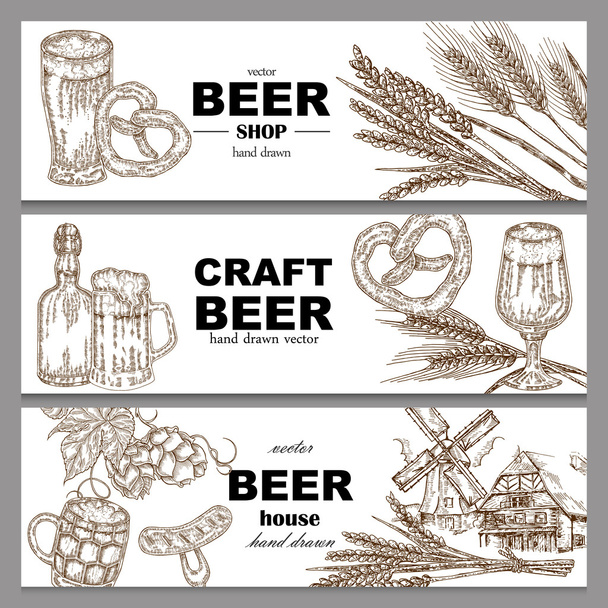 Horizontale banners met bierglazen, fles, oude molen, gerst en hoop in vintage schets stijl. Vectorillustratie geïsoleerd - Vector, afbeelding
