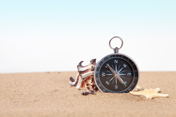 Compass, seashell on and starfish the sea sand - Φωτογραφία, εικόνα