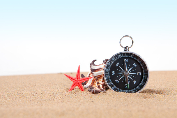 Compass, seashell on and starfish the sea sand - Valokuva, kuva