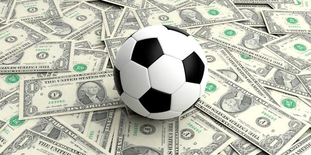 Rendering 3d pallone da calcio su banconote da un dollaro
 - Foto, immagini