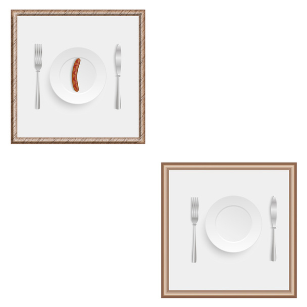 Two frames with a knife, fork and plate with sausage and a plate without the sausage - Vetor, Imagem