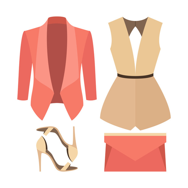 Set of trendy women's clothes. Outfit of woman jacket, overall and accessories. Women's wardrobe - Vector, Image