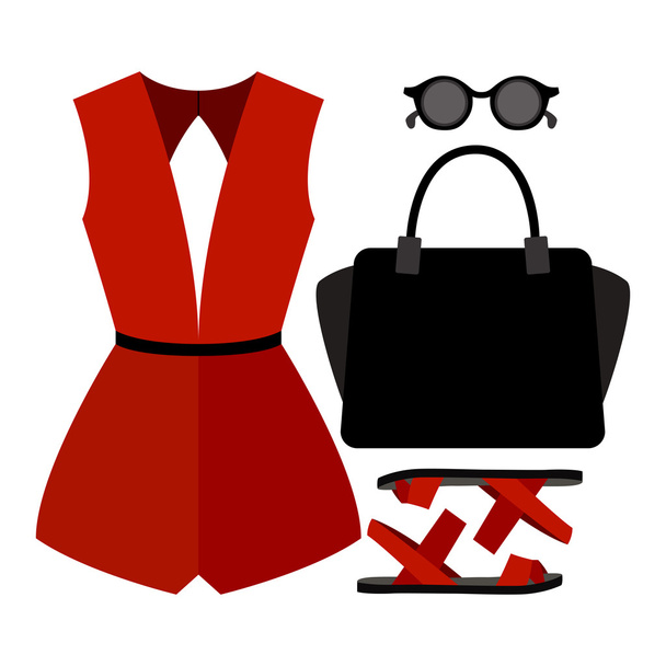 Set of trendy women's clothes. Outfit of woman overall and accessories. Women's wardrobe - Vector, Image