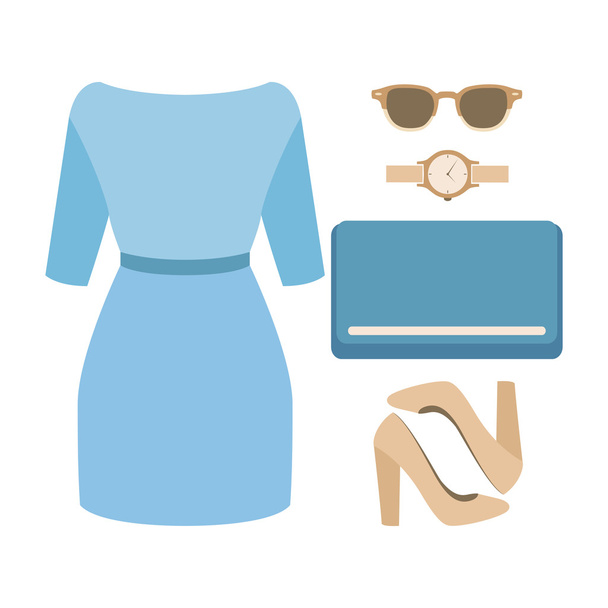 Set of trendy women's clothes with woman dress and accessories - Vector, Image