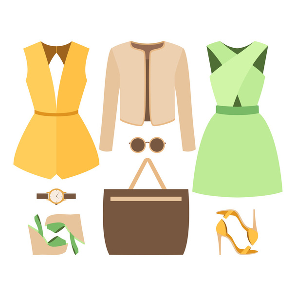 Conjunto de roupas femininas da moda com casaco de mulher, vestido, geral e acessórios
 - Vetor, Imagem