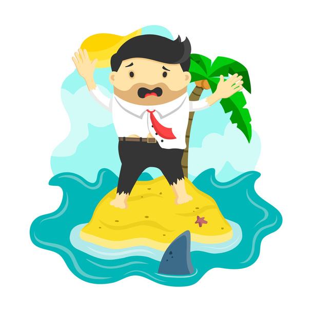 vector plano ilustración de hombre de negocios varado en una isla rodeada de tiburón, peligro, riesgo de negocio, concepto de bancarrota
,  - Vector, imagen