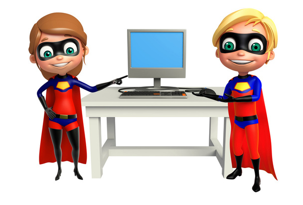 Superboy και Supergirl με υπολογιστή - Φωτογραφία, εικόνα
