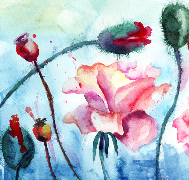 Roses with poppy flowers, Watercolor painting - Fotoğraf, Görsel