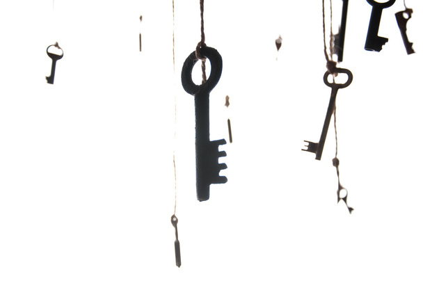 Many rustic keys hanging on string. Selective focus. Isolated - Foto, afbeelding