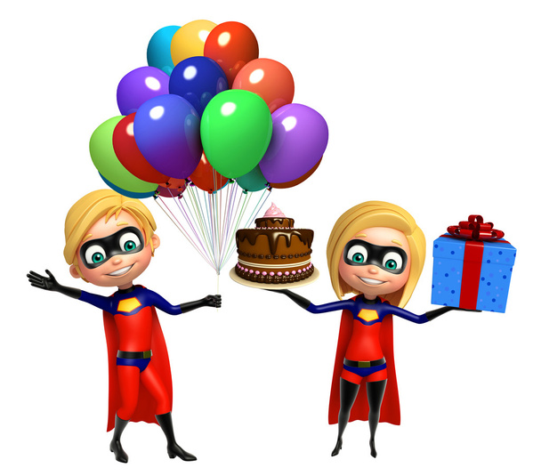 Superboy e Supergirl com Balões bolo caixa de presente
 - Foto, Imagem