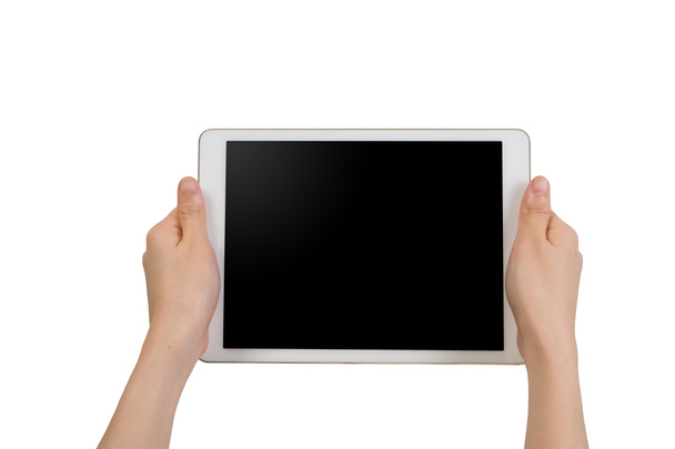 человеческая рука держит пустой экран планшета на изолированном белом фоне
 - Фото, изображение