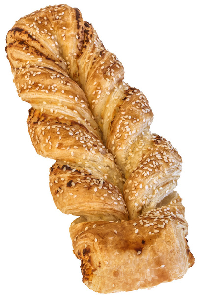 Braided Puff Pastry Sprinkled With Sesame Seeds Isolated On White Background - Photo, Image