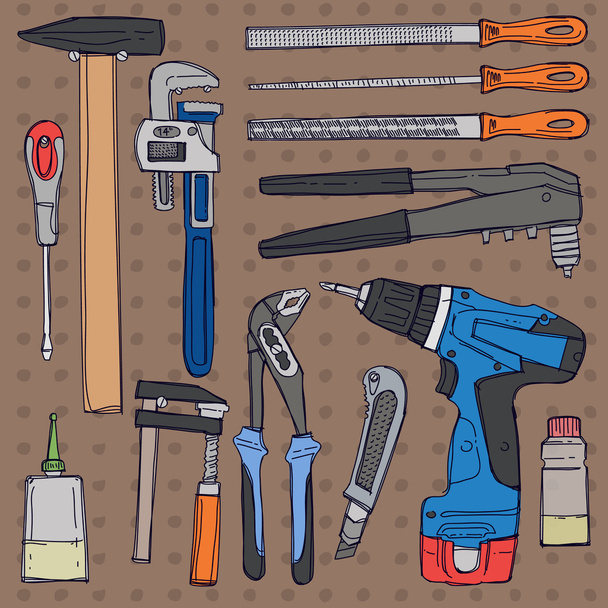 Boceto herramientas de ilustración de color para la reparación del hogar en el vector de pared marrón aislado
 - Vector, imagen