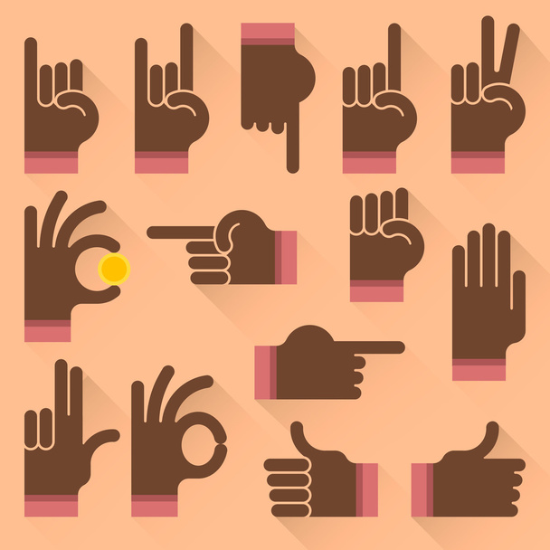 Conjunto de gestos de manos de hombre negro, diferentes manos planas icono conjunto
 - Vector, imagen