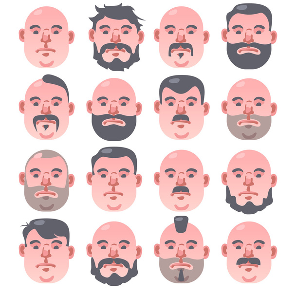 Satz von 16 beigen menschlichen Gesichtern mit unterschiedlicher Frisur und Bart; Porträt eines Mannes Vektor Illustration - Vektor, Bild