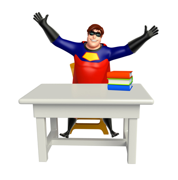 Superheld mit Tisch & Stuhl, Büchern - Foto, Bild