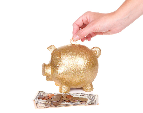 vrouw geld aanbrengend piggy bank - Foto, afbeelding