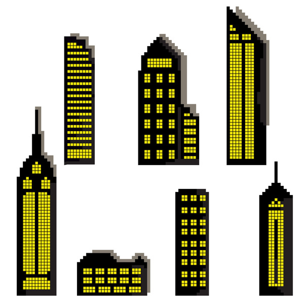 Pixel épületek halmaza. Vektor beállítása pixel épületek, fehér alapon sárga fény. - Vektor, kép