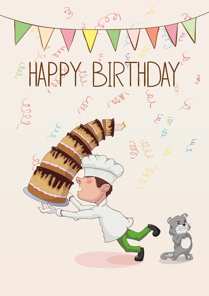 Legrační narozeniny s cat a šéfkuchař klesá dort - Vektor, obrázek