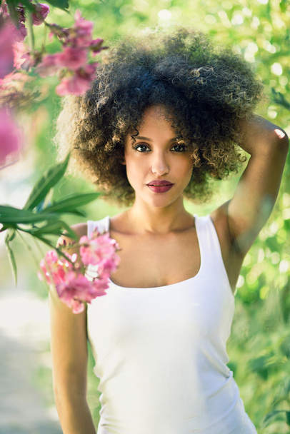 Jovem mulher negra com penteado afro sorrindo no parque urbano
 - Foto, Imagem