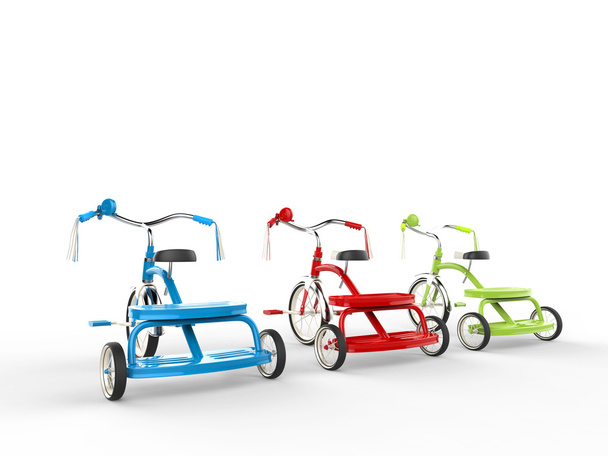 Triciclos vermelho, verde e azul - visão traseira
 - Foto, Imagem